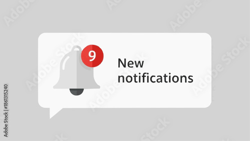 A white notification bell icon with a red circle showing the number 9, indicating nine new notifications, displayed within a speech bubble on a grey background.