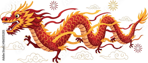 Vibrant red and orange dragon illustration in a dynamic pose with flames and clouds on a white background, symbolizing Chinese New Year in a vector style.
