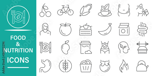Food and Nutrition icon set. Minimalist linear icons. Meals, drinks, fruits, protein, fitness, vitamins, healthy fats and more concept. Vector collection.