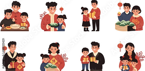 Vector illustrations of diverse Asian families celebrating Chinese New Year with traditional clothing and decorations in a vibrant, festive style.