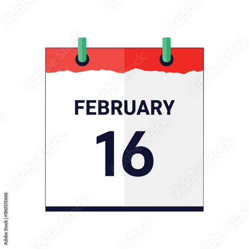 Isolated calendar page icon vividly illustrating the date February 16th, presented with a clean, modern aesthetic suitable for event planning and