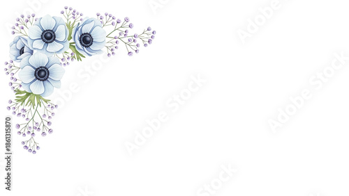 Minimal elegant watercolor corner design featuring anemones and baby's breath in pastel blue and lavender isolated on white background