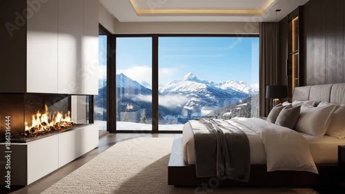 Modern bedroom with fireplace and scenic mountain view