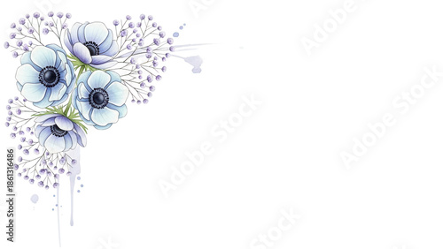 Minimal elegant watercolor corner design featuring anemones and baby's breath in pastel blue and lavender isolated on white background