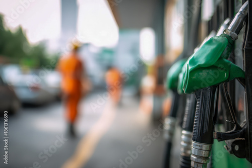 Wallpaper Mural A row of green fuel nozzles at a gas station with blurred attendants in orange uniforms working in the background during a busy day Torontodigital.ca