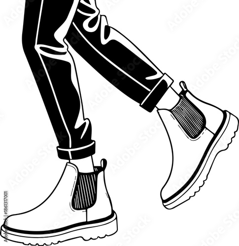 Stylized Chelsea Boots with Cuffed Pants – Minimalist Black and White Fashion Illustration