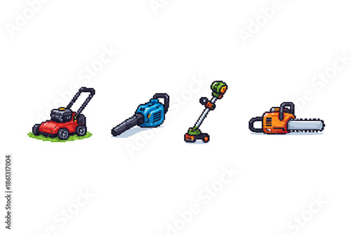 Pixel art collection of lawn care tools including a mower, blower, trimmer, and chainsaw
