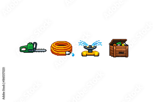 Pixel art icons of gardening tools and supplies on a white background