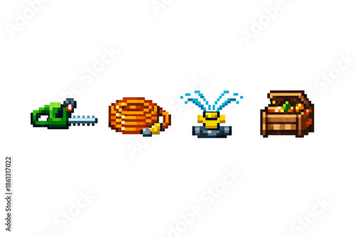 Pixel art icons for gardening tools and harvest, including chainsaw, hose, sprinkler, and crate