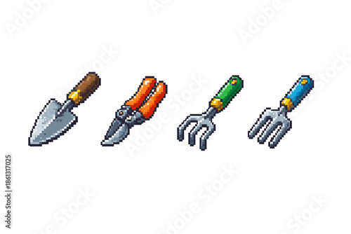 Pixel art gardening tools including a trowel, pruners, and two types of forks