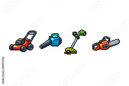 Pixel art collection of lawn care tools: mower, blower, trimmer, and chainsaw