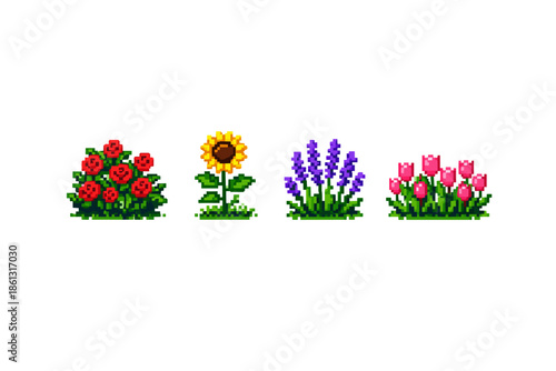 Pixel art collection of four distinct flower bushes on a white background