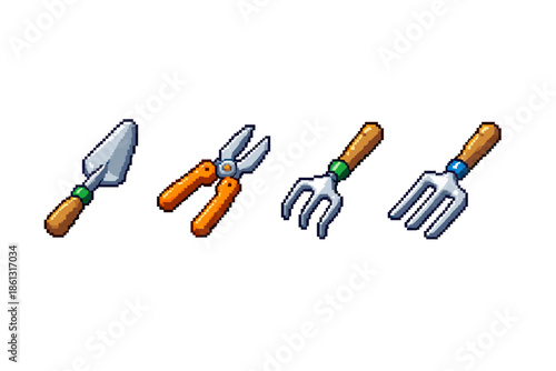 Pixel art collection of gardening tools including a trowel, shears, and forks