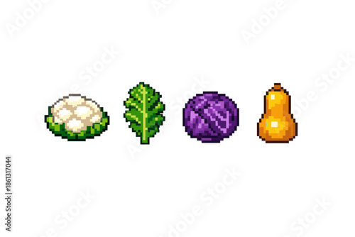 Pixel art vegetables including cauliflower, kale, cabbage, and butternut squash