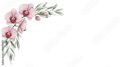 Minimal elegant watercolor corner design with orchids and olive branches in dusty rose isolated on white background