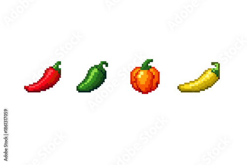Pixel art collection of four colorful chili peppers and a small pumpkin