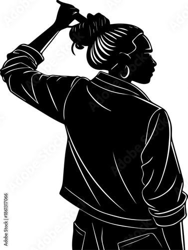 Stylized Silhouette of Person Adjusting Hair Bun – Minimalist Black and White Illustration
