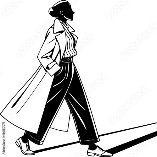 Stylized Person Walking in Trench Coat – Black and White Fashion Illustration