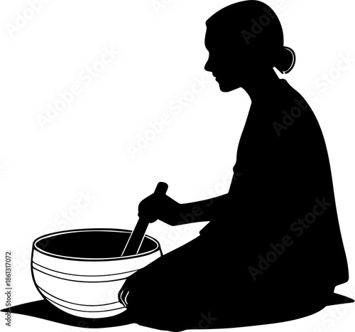 Silhouette of Person Grinding in Bowl – Minimalist Black and White Cultural or Meditative Illustration