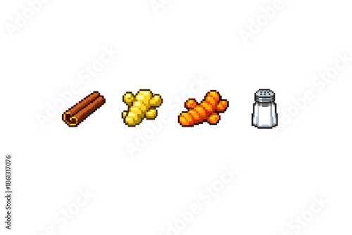 Pixel art icons of cinnamon, ginger, turmeric, and salt shaker for culinary or game design