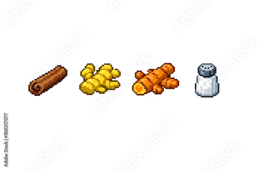 Pixel art icons of cinnamon, ginger, turmeric, and salt shaker for culinary use