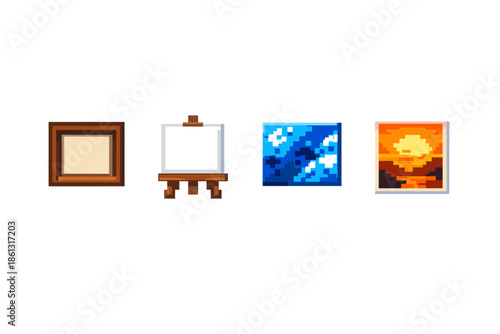 Pixel art icons of art supplies and paintings on a white background