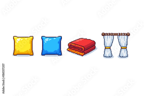 Pixel art collection of home decor items: pillows, blanket, and curtains