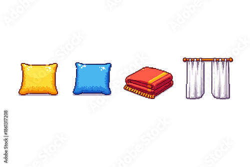 Pixel art icons of home textiles: pillows, blanket, and curtains