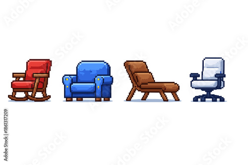 Collection of four pixel art chairs in different styles and colors