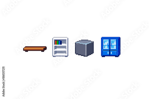 Pixel art furniture icons: shelf, cabinet, table, and storage unit