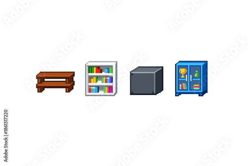 Pixel art icons of furniture and storage items on a white background