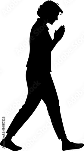 Silhouette of Person Walking in Prayer Pose – Minimalist Black and White Spiritual Illustration