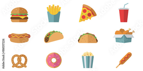 Fast food icon set. Burgers, drinks, snacks, and more in icon. Vector Illustration.