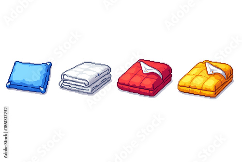 Pixel art collection of bedding items including a pillow, folded towels, and duvets