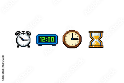 Pixel art collection of four different timekeeping devices on a white background