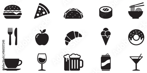 Silhouette icons of popular foods and drinks in simple black style. Vector Illustration.