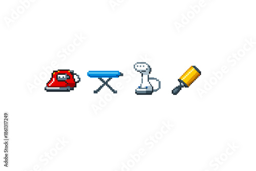 Pixel art icons of laundry and cleaning tools on a white background