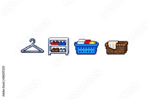 Pixel art icons of laundry and shoe storage items on a white background