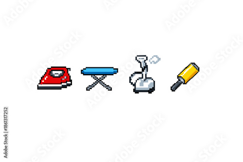 Pixel art icons of laundry and garment care tools on a white background