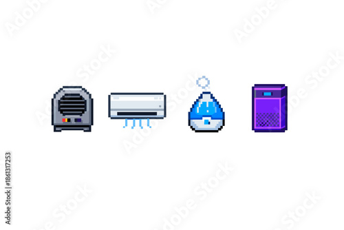 Pixel art icons of home climate control devices for a clean and comfortable environment