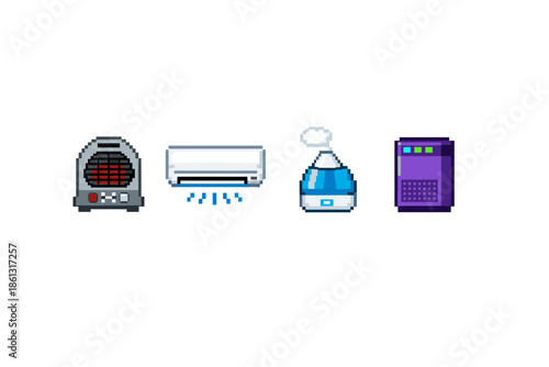 Pixel art icons of home climate control devices on a white background