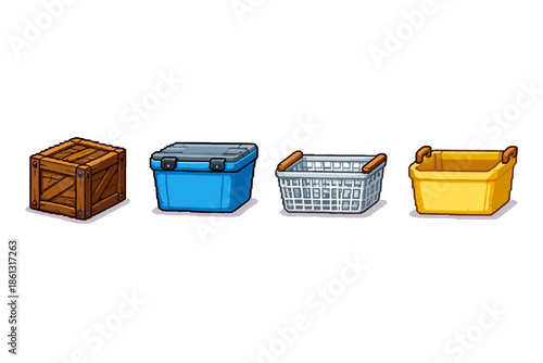 Collection of four different storage containers, including a wooden crate, cooler, and baskets