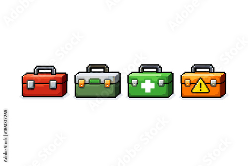 Pixel art collection of four different colored toolboxes and first aid kits