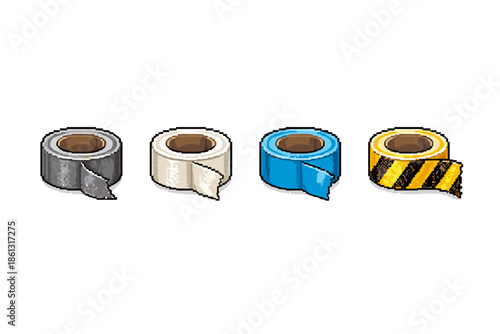 Collection of four pixel art tape rolls: grey, white, blue, and hazard warning tape
