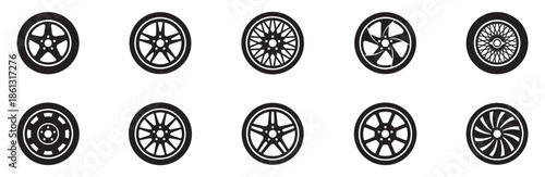 Car wheel icon set. Car rims icon. Auto tire collection. Car tyre set. Vector Illustration. EPS 10	
