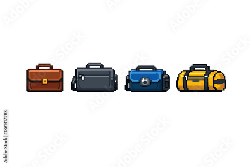 Pixel art collection of four different types of bags, including briefcases and a duffel bag