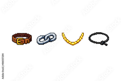 Pixel art icons of a belt, chain links, necklace, and bracelet on white background