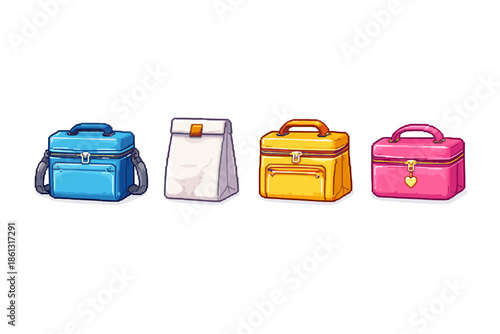 Collection of four colorful lunch bags and cosmetic cases with zippers and handles