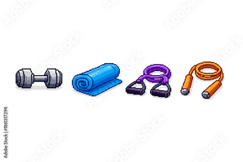 Pixel art fitness equipment including dumbbell, yoga mat, resistance band, and jump rope