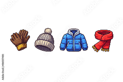 Pixel art winter clothing set: gloves, beanie, puffer jacket, and scarf